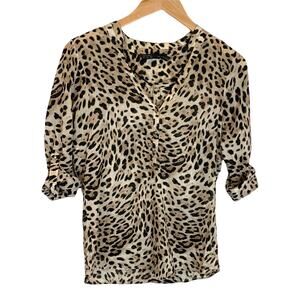 Zara Leopard Print Blouse Top Tunic Shirt Roll Tab Sleeve Henley Popover XS